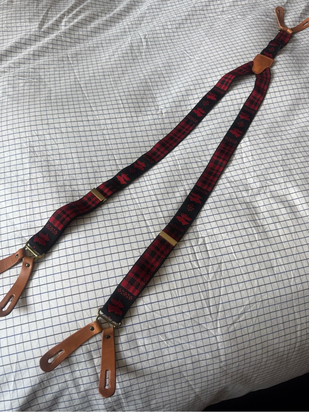 Vintage Ralph Lauren Red & Black Plaid Pattern Webbed Suspenders w Moose Motif